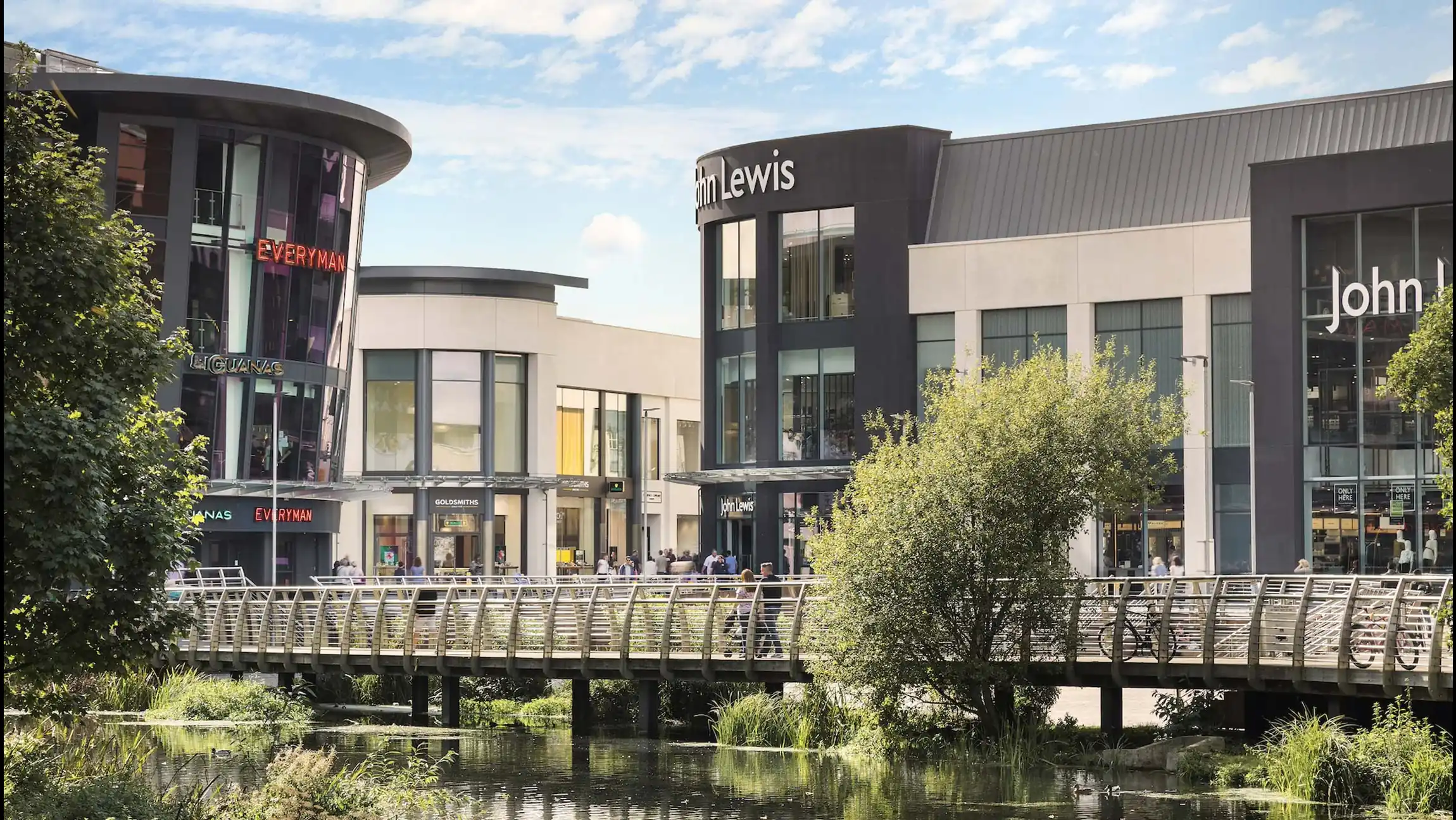 The riverside footbridge and open-air walkway between Everyman, Goldsmiths and John Lewis at Bond Street Chelmsford