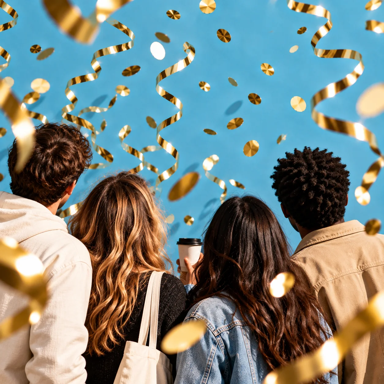 Four friends looking up as gold confetti and streamers fall against a blue sky