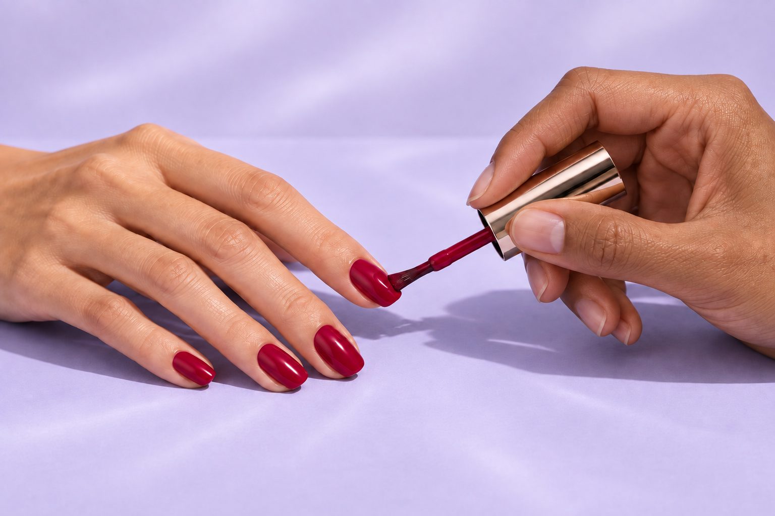 Red nail polish being applied on a lilac ground