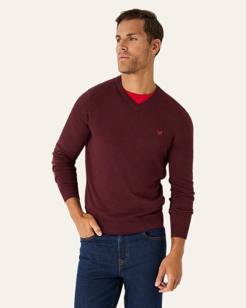 Organic cotton V-neck jumper in burgundy, from Crew Clothing