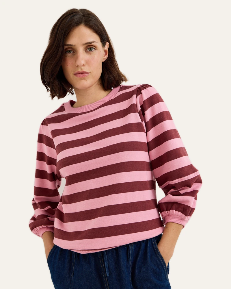 Pink and burgundy striped lantern-sleeve cotton sweatshirt, from Oliver Bonas