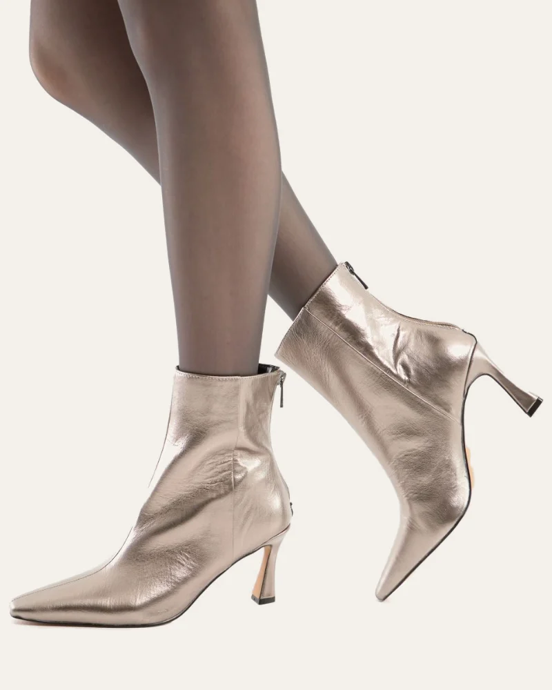 Metallic pewter pointed-toe heeled ankle boots with back zip, from Schuh