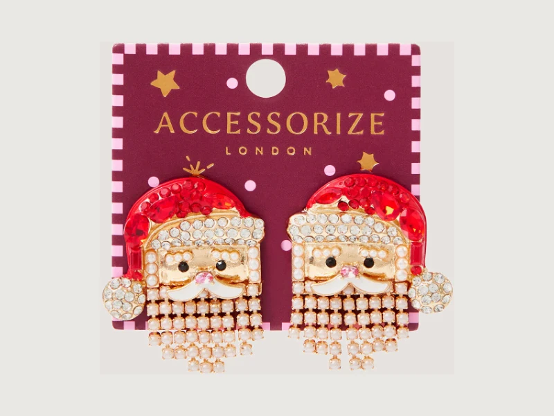 Santa drop earrings with red crystals and pearl beards on an Accessorize card
