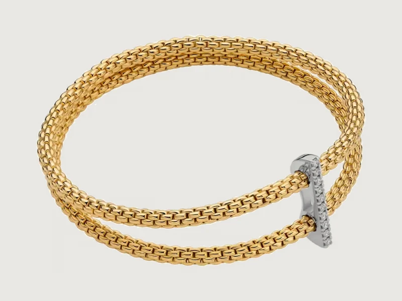 Yellow gold woven double-row bracelet with a diamond-set bar