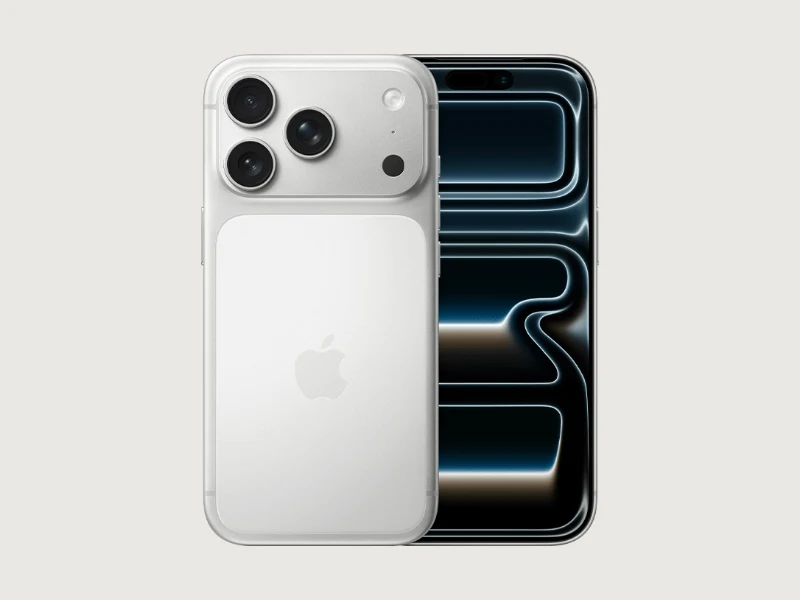 iPhone Pro in white, shown from the back and the front