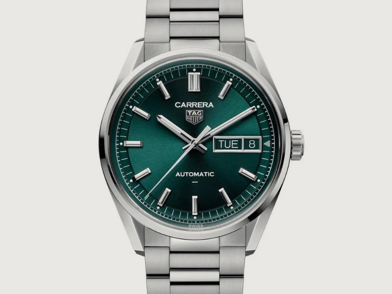 TAG Heuer Carrera automatic watch with a green dial and steel bracelet