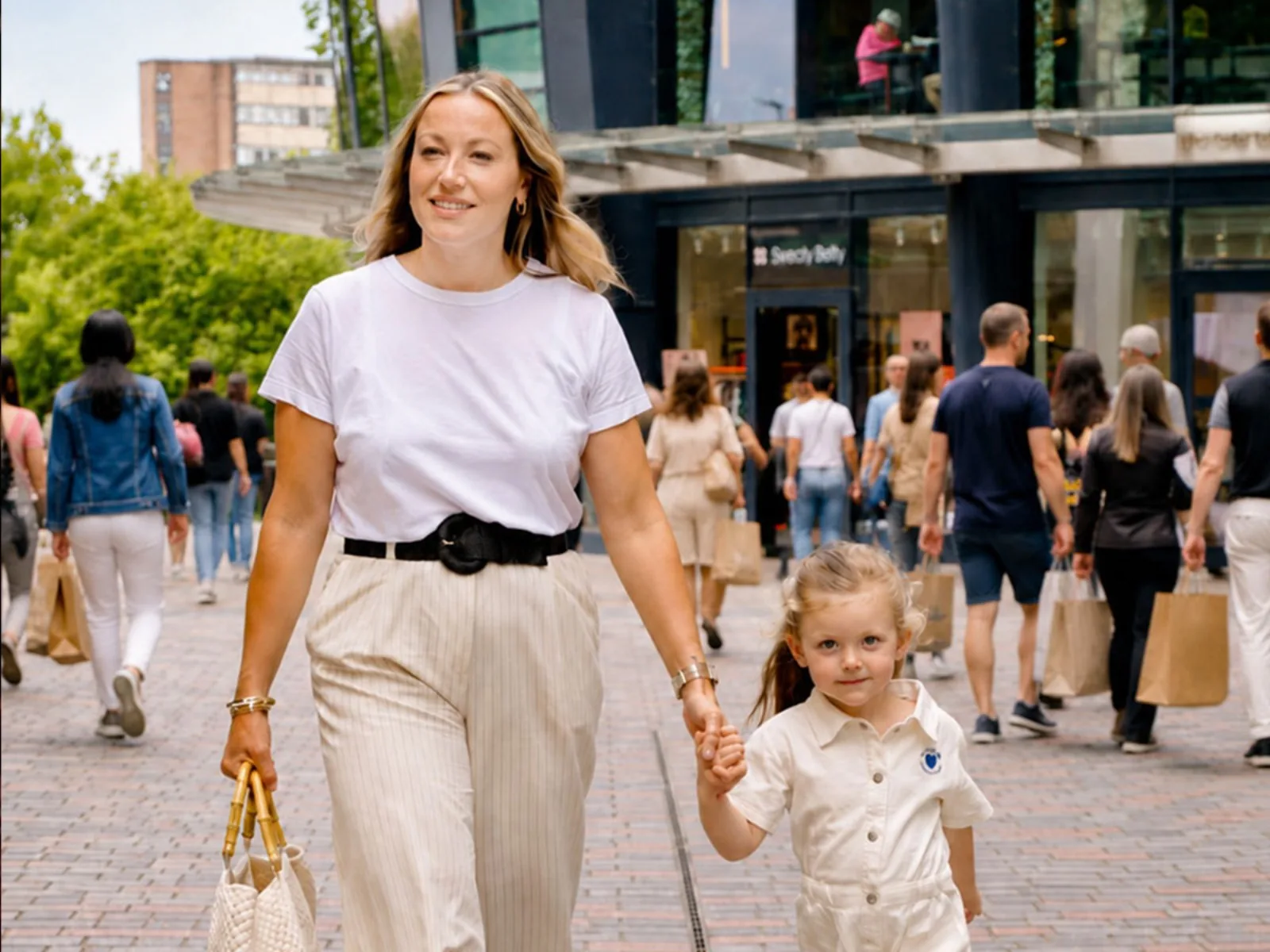 A mother and young daughter walking hand in hand along Bond Street with shopping bags