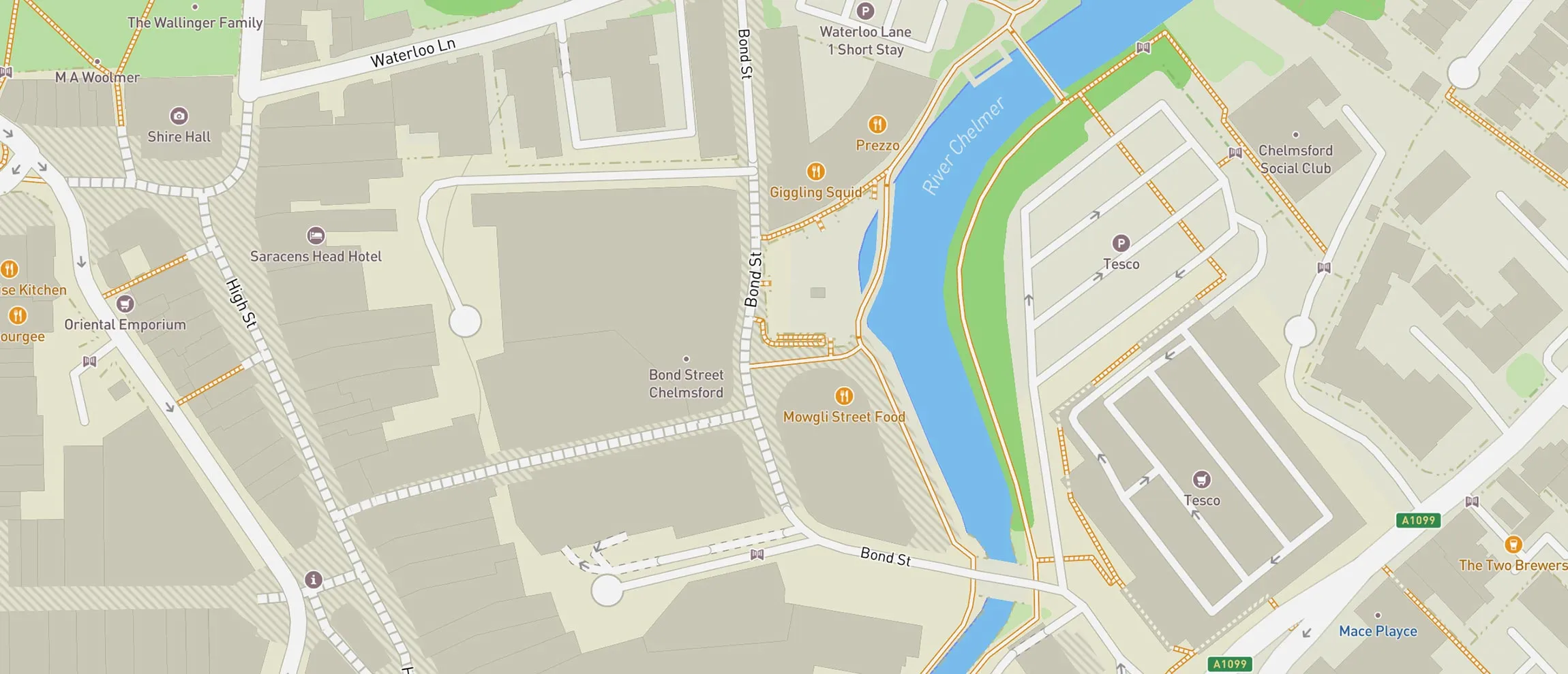 Map showing Bond Street Chelmsford, the River Chelmer, the High Street and the Tesco car park