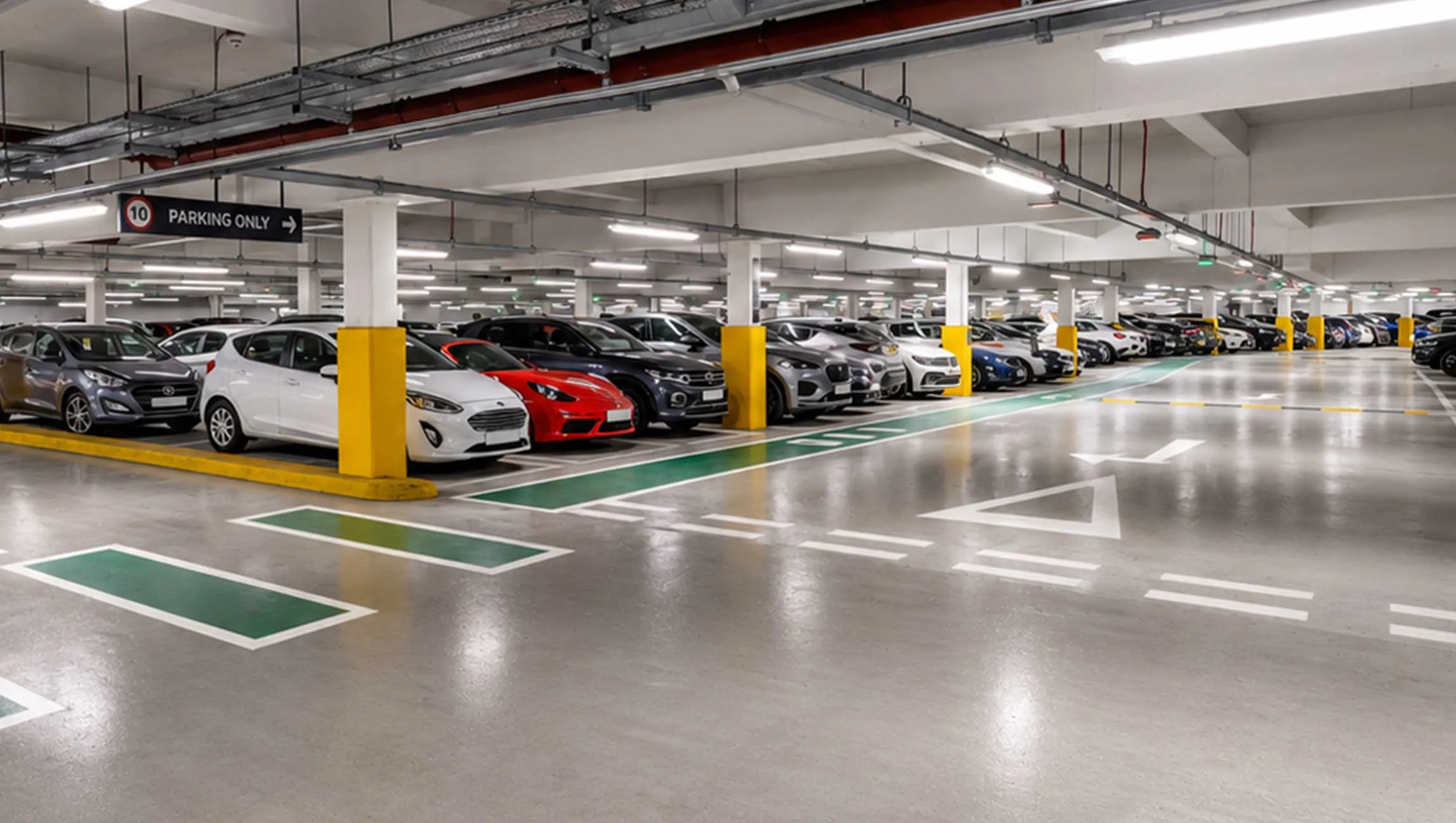 The bright underground car park beneath Bond Street Chelmsford